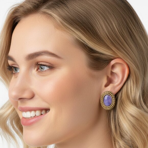 Vintage Oval Clip-On Earrings Gold Tone Purple Marble Cabochon Retro 80s 90s - Picture 2 of 8